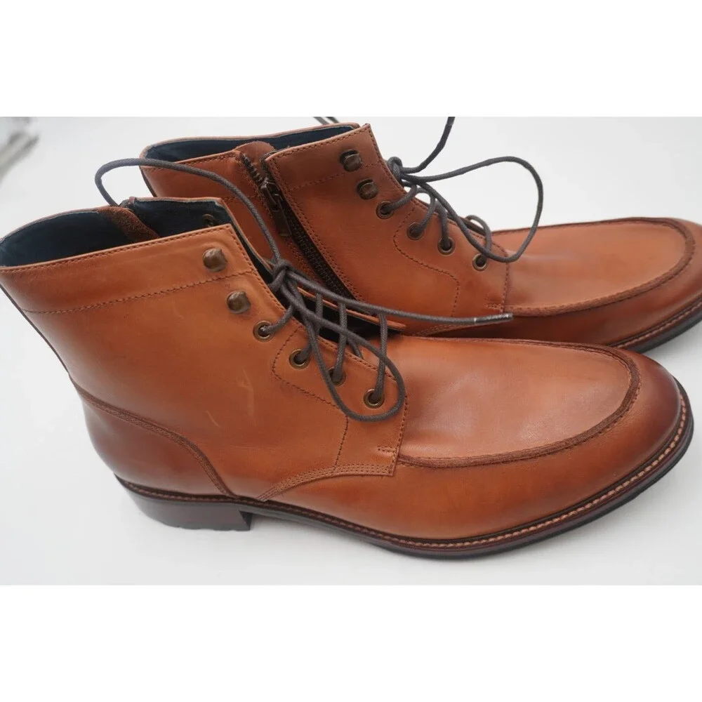 Gordon Rush Men Burnished Tan Leather Moc Toe Lace Up Ankle Boots Side Zip Sz 12